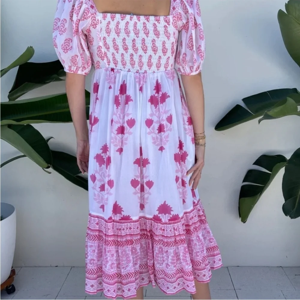 Tuckernuck Oliphant Puff Sleeve Midi Dress in Jaipur Pink & White NWT Size XS - Picture 2 of 14